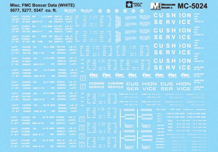 Railroad Decal Set -- Boxcar Data for FMC 5077 5277 (ABOX) 5347 Cars (white)