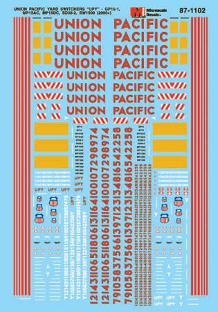 Railroad Decal Set -- Union Pacific GP15, MP15, SW1500, SD38-2 with UPY Reporting Marks and Stripe