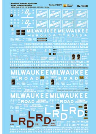 Railroad Decal Set -- Milwaukee Road Boxcars #2 1970s Brown & White Schemes