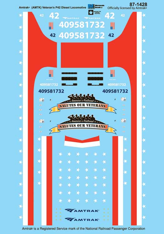 Railroad Decal Set -- Amtrak GE P42 No. 42 Veterans Salute Commemorative
