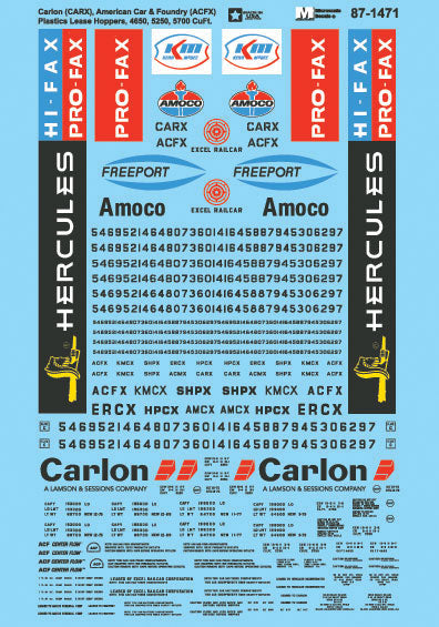 Railroad Decal Set -- Carlon CARX, American Car & Foundry ACFX Plastic 4650-5250-5700 Covered Hopp