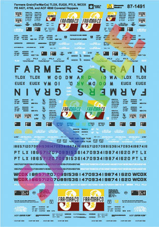 Railroad Decal Set -- Farmers Grain FarMarCo TLDX, PTLX+ PS 4427, 4750 & ACF 4650 Covered Hoppers