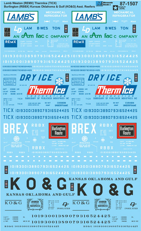 Railroad Decal Set -- Reefers: Lamb Weston REMX, Thermice TICX, CB&Q RBBX, Kansas Oklahoma & Gulf