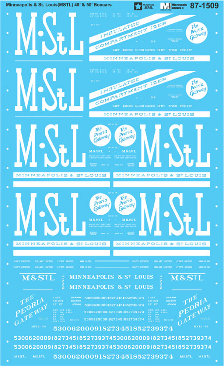 Railroad Decal Set -- Minneapolis & St. Louis MSTL 40' & 50' Boxcars