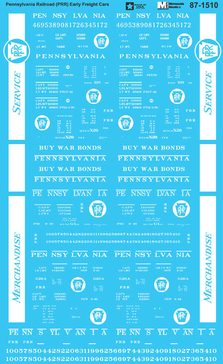 Railroad Decal Set -- Pennsylvania Railroad PRR Early Freight Cars