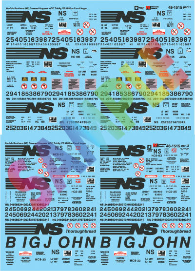 Railroad Decal Set -- Norfolk Southern ACF, Trinity, PS 4000cu ft & Larger Covered Hoppers