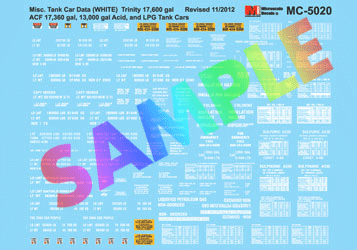 Railroad Decal Set -- Tank Car Data White Lettering-Trinity 17.6K, ACF 17.3K, 13K Acid & LPG