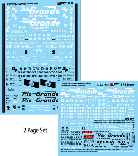 Railroad Decal Set - DRGW -- 50' Single-/Double-Door Boxcars, 1954-1972