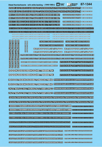Railroad Decal Set -- Diesel Numberboards w/White Backing - 1940-1990+