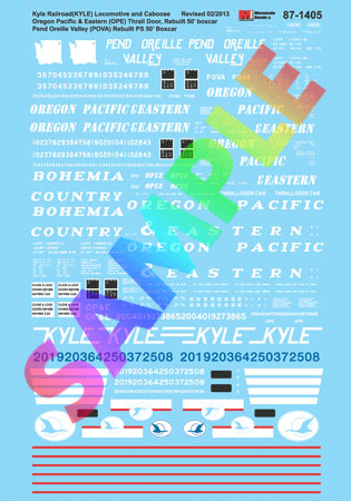 Railroad Decal Set -- Kyle RR Locos, Cabooses; Oregon, Pacific & Eastern and Pend-Oreille Valley B