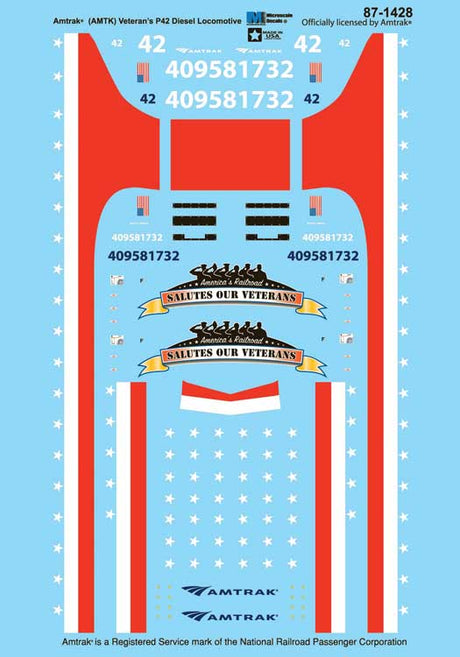 Railroad Decal Set -- Amtrak GE P42 No. 42 Veterans Salute Commemorative