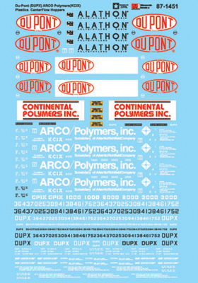 Railroad Decal Set -- Du Pont DUPX & ARCO Polymers KCIX Plastics CenterFlow Hoppers