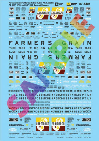 Railroad Decal Set -- Farmers Grain FarMarCo TLDX, PTLX+ PS 4427, 4750 & ACF 4650 Covered Hoppers