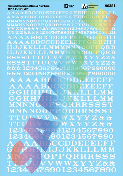 Alphabet Decal Set -- Railroad Roman Letters & Numbers 10, 14, 18, 20" (white)