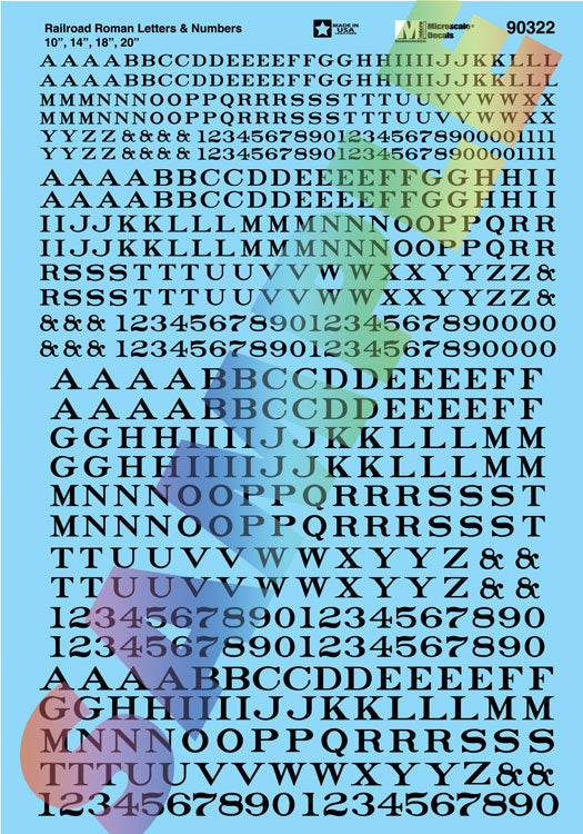 Alphabet Decal Set -- Railroad Roman Letters & Numbers 10, 14, 18, 20" (black)