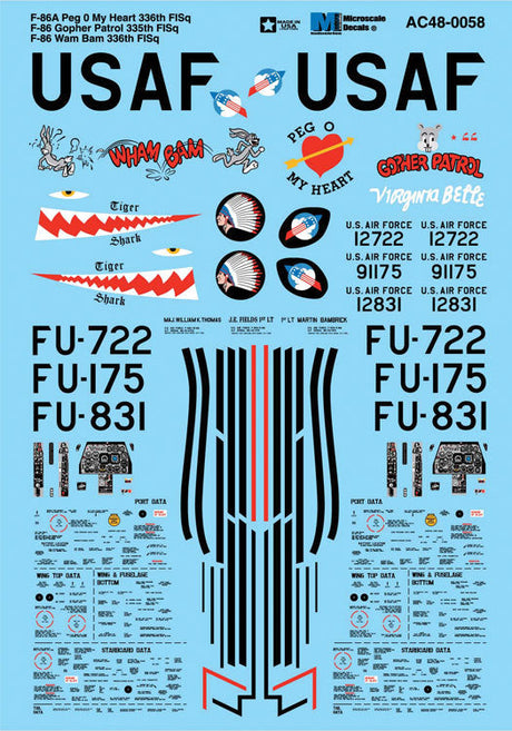 Military Aircraft Decal Set -- F-86A Peg 0 My Heart 336th F-86 Gopher 335th F-86 Wam Bam 336th FISq.