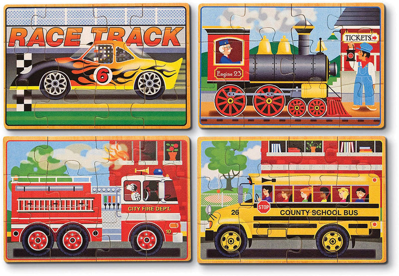 Vehicle Jigsaw Puzzles in a Box - Four 12-Piece Puzzles -- One Each: Steam Loco #23, Race Car #6, County School Bus, City Fire Engine-1
