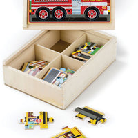 Vehicle Jigsaw Puzzles in a Box - Four 12-Piece Puzzles -- One Each: Steam Loco #23, Race Car #6, County School Bus, City Fire Engine