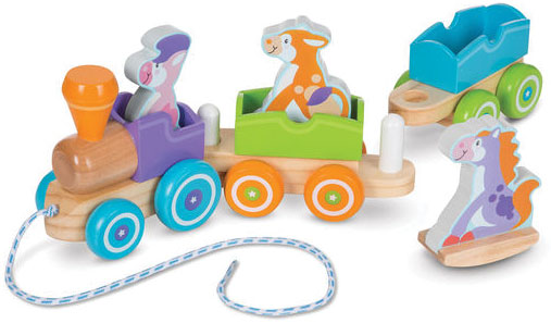 First Play Wooden Rocking Farm Animals Pull Train -- Loco with Pull Cord, 2 Cars, 3 Animals