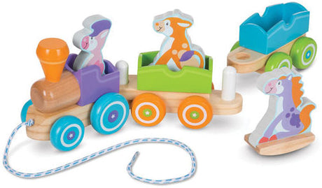 First Play Wooden Rocking Farm Animals Pull Train -- Loco with Pull Cord, 2 Cars, 3 Animals