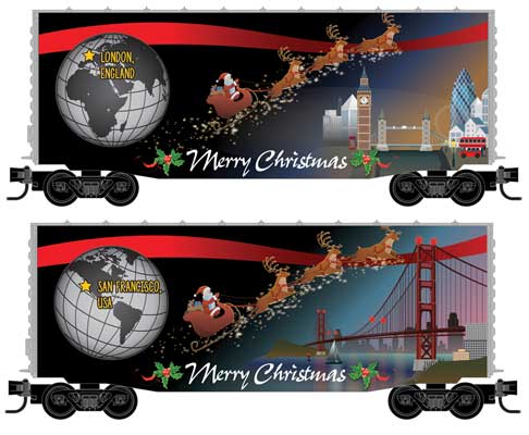 Modified P-S 40' Hy-Cube Boxcar - Ready to Run - Christmas Around The World -- London, England / San Francisco, U.S.A. (black, red, white, gray)