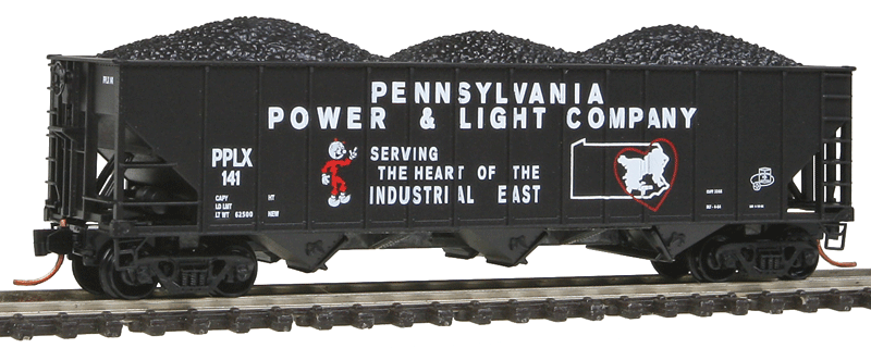 100-Ton 3-Bay Ribside Open Hopper w/Coal Load - Ready to Run -- Pennsylvania Power & Light PPLX #141 (black, white, Reddy Kilowatt Logo)