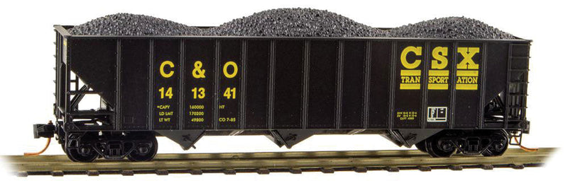 100-Ton 3-Bay Ribside Open Hopper w/Coal Load - Ready to Run -- CSX C&O #141341 (black, yellow, Early Transportation Logo)