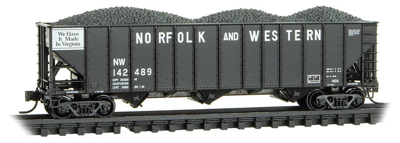 100-Ton 3-Bay Ribside Open Hopper w/Coal Load - Ready to Run -- Norfolk & Western #142489 (black, Made in Virginia Slogan)
