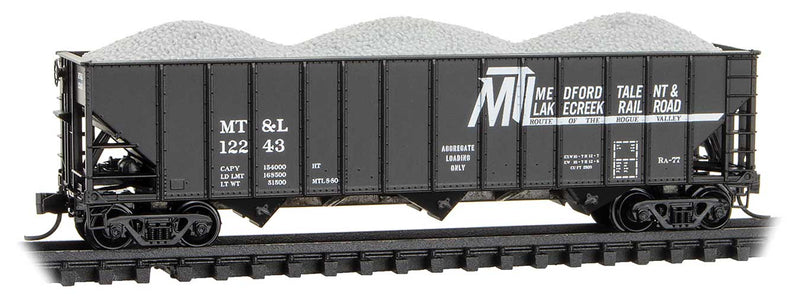 100-Ton 3-Bay Ribside Open Hopper with Load - Ready to Run -- Medford, Talent & Lakecreek #12243 (Fantasy Scheme, black, white)