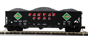 100-Ton 3-Bay Open Hopper w/Rib Sides & Coal Load -- Santa's Coal MTL 2001 (11th Christmas Car; black, red, green, white)