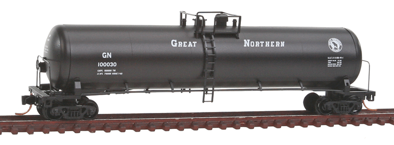 56' General Service Tank Car - Ready to Run -- Great Northern #100030 (black, Slanted Lettering, Small Rocky Logo)