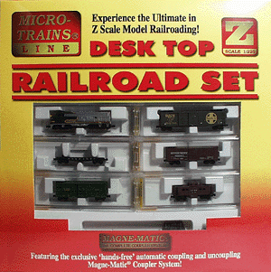 Diesel Freight w/Magne-Matic Couplers -- Desk Top ATSF 16-7/8 x 20-3/16" Oval, F7 Loco (blue), 4 Cars & Caboose