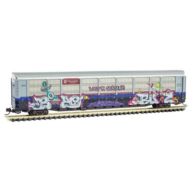 89' Tri-Level Enclosed Auto Rack - Ready to Run -- Ferromex TTX 785729 (Weathered, gray, red, Lost in Space Graffiti)-1