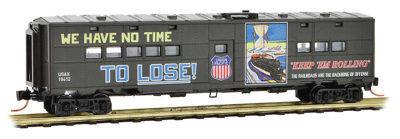 50' Troop Kitchen Car - Ready to Run -- Union Pacific USAX 19412 (olive, No Time to Lose Slogan, WWII Poster Car 2)