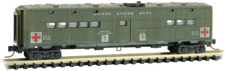 50' Troop Kitchen Car - Ready to Run -- U.S. Army 8733 (Hospital Car, Weathered, green, Red Cross Markings)