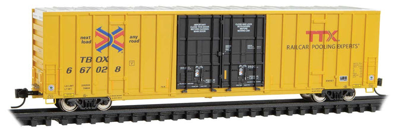 60' Rib-Side, Double-Plug-Door High-Cube Boxcar - Ready to Run -- TTX RBOX #667028 (yellow, black Red TTX Logo)