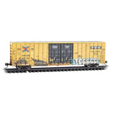 60' Rib-Side, Double-Plug-Door High-Cube Boxcar - Ready to Run -- TTX RBOX #665311 (Weathered, yellow, black, graffiti)-1