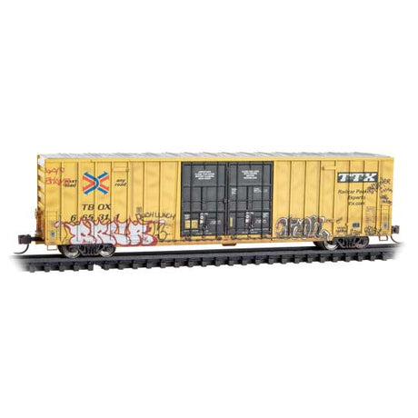 60' Rib-Side, Double-Plug-Door High-Cube Boxcar - Ready to Run -- TTX RBOX #665311 (Weathered, yellow, black, graffiti)-2