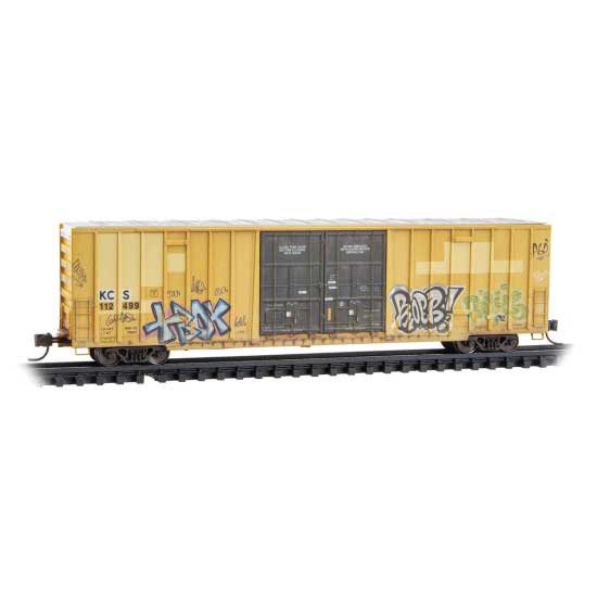60' Rib-Side, Double-Plug-Door High-Cube Boxcar - Ready to Run -- Kansas City Southern #112499 (Weathered, Ex-RBOX, yellow, black, graffiti)-1