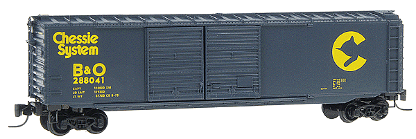 50' Standard Double-Door Boxcar w/Magne-Matic Couplers -- Chessie/B&O #288041 (Dark Blue, yellow lettering)