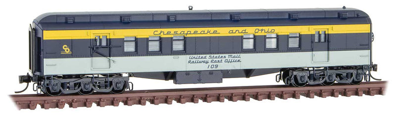 Pullman Heavyweight 60' Railroad Post Office - Ready to Run -- Chesapeake & Ohio 109 (blue, gray, yellow)