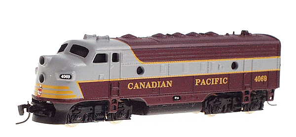 Diesel EMD F7A Powered w/Magne-Matic Couplers -- Canadian Pacific Railway #4069 (CP Tuscan, gray stripes, white lettering)