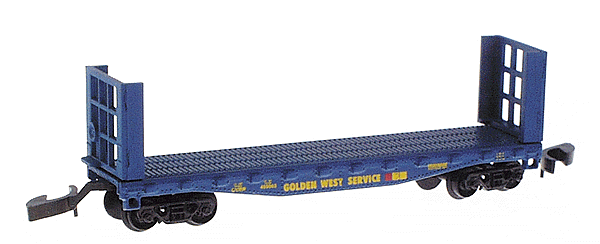 40' Bulkhead Flatcar w/Marklin Couplers -- Golden West Service #459003 (blue w/yellow lettering; red & yellow herald)