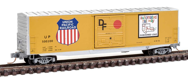 50' Boxcar with 10' Door, No Roofwalk, Short Ladders - Ready to Run -- Union Pacific 500200 (Armour Yellow, silver, Large Logo, Autimated Map Logo)