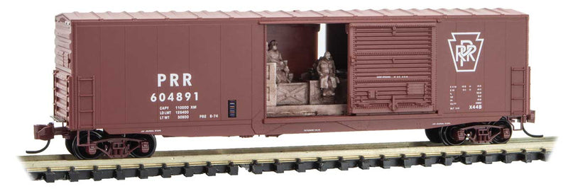 50' Boxcar with 10' Door, No Roofwalk, Short Ladders, Hobo Load - Ready to R -- Pennsylvania Railroad 604891 (Tuscan, Plain Keystone)
