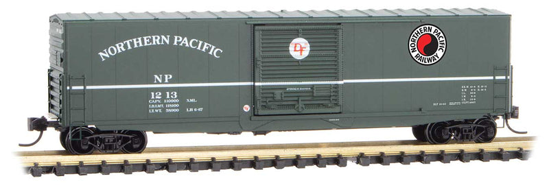 50' Boxcar with 10' Door, No Roofwalk, Short Ladders - Ready to Run -- Northern Pacific 1213 (green, white, Monad Logo)