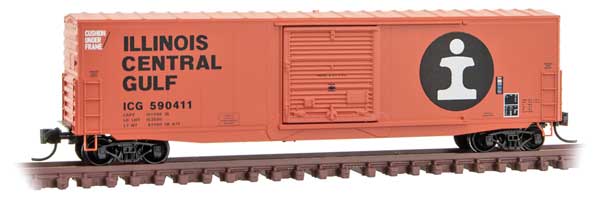 50' Boxcar with 10' Door, No Roofwalk, Short Ladders - Ready to Run -- Illinois Central Gulf 90411 (orange, black, white, Large Logo)