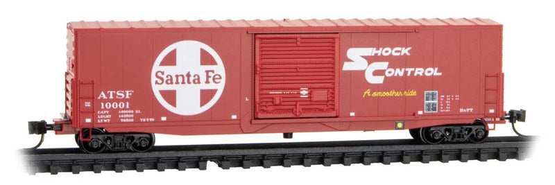50' Boxcar with 10' Door, No Roofwalk, Short Ladders - Ready to Run -- Santa Fe #10001 (red, white, Large Logo, Shock Control Markings)