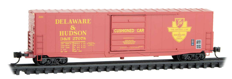 50' Boxcar with 10' Door, No Roofwalk, Short Ladders - Ready to Run -- Delaware & Hudson #27078 (red, yellow, Bridge Line Shield)