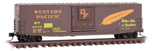 50' Boxcar with 10' Door, No Roofwalk, Short Ladders - Ready to Run -- Western Pacific 4000 (Boxcar Red, orange, yellow, Medium Feather)